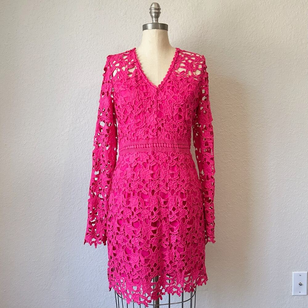 ENDLESS ROSE Mini Dress Fuchsia Pink All Over Lace Long Sleeve NWT